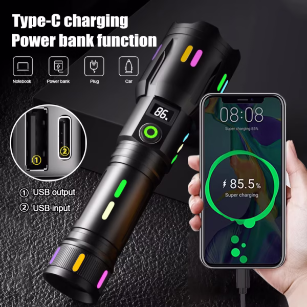 COBA হোয়াইট লেজার রিচার্জেবল ফ্ল্যাশলাইট (Power Bank & Digital Display) - অন্ধকারে বডি জ্বলে (Model: CB-G672D)